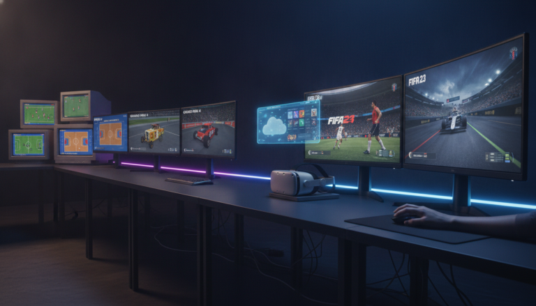 Linha do tempo visual da evolução dos jogos de esportes no PC, mostrando gráficos de diferentes eras, do 2D ao 3D fotorrealista.