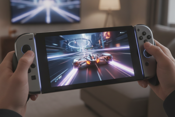 Nintendo Switch 2 com jogo de corrida na tela, console portátil, videogame de corrida, diversão com Switch 2