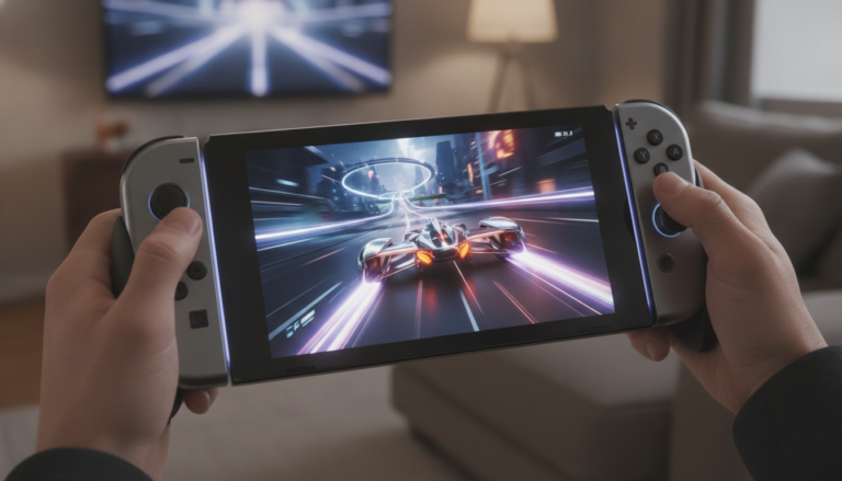 Nintendo Switch 2 com jogo de corrida na tela, console portátil, videogame de corrida, diversão com Switch 2