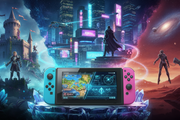 Comparação dos melhores RPGs de 2026 para Nintendo Switch 2, com personagens e cenários épicos.