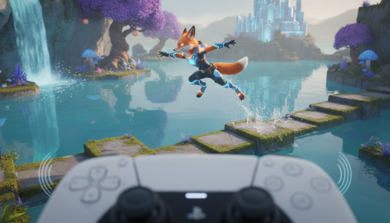 Personagem de jogo de plataforma colorido saltando em um cenário vibrante de PS5, com efeitos de luz e sombra realistas.